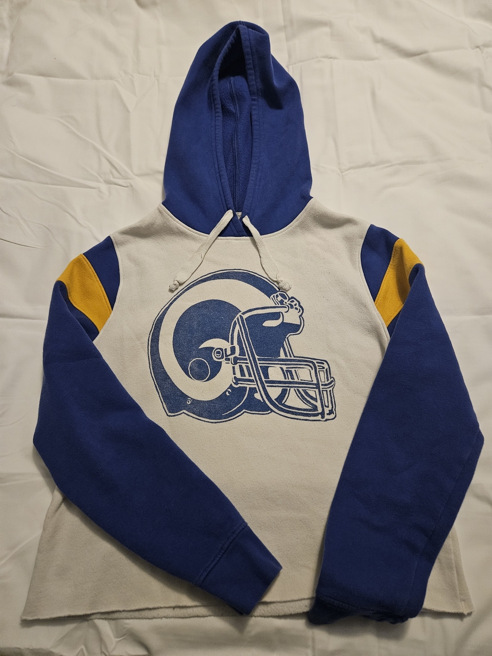 Junk Food LA Rams Blue and Cream Pullover Hoodie Sweatshirt with Graphic Helmet